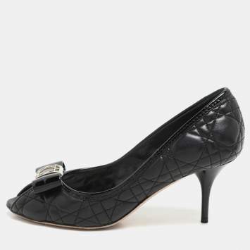 Dior Black Quilted Cannage Leather Bow Detail Peep Tow Pumps Size 36