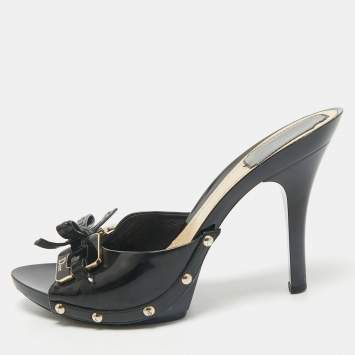 Pre Owned Dior Black Patent Leather Bow Slide Sandals Size 37
