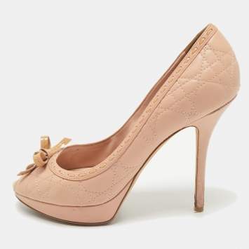 Pre Owned Dior Beige Cannage Leather and Patent Leather Bow Peep Toe Platform Pumps Size 40