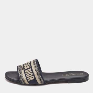 Pre Owned Dior Blue Embroidered Canvas Dway Flat Slides Size 38