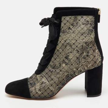 Pre Owned Dior Black/Beige Suede and Mesh Embroidered Naughtily-D Ankle Boots Size 40