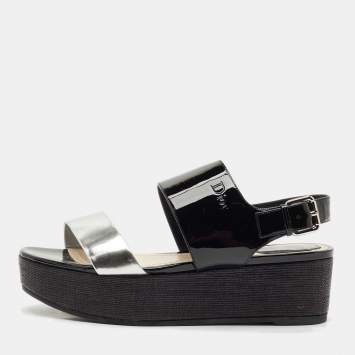 Dior Silver/Black Leather and Patent Platform Wedge Sandals Size 39