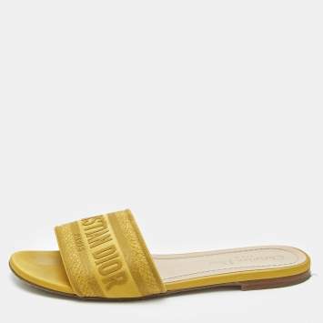 Dior Yellow Embroidered Canvas Dway Flat Slides Size 37