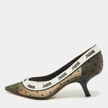 Pre Owned Dior Black Dot Mesh J'Adior Ribbon Pointed Toe Pumps Size 38.5