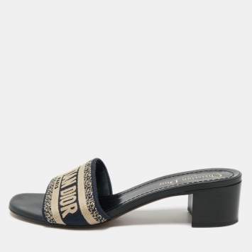 Dior Navy Blue/Black Embroidered Canvas Dway Slide Sandals Size 39