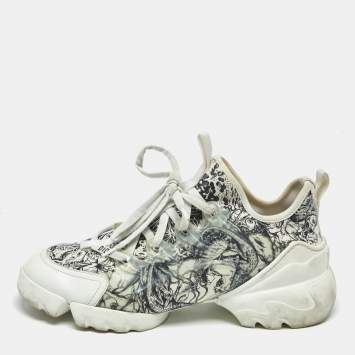 Pre Owned Dior White/Black Printed Neoprene D-Connect Sneakers Size 38