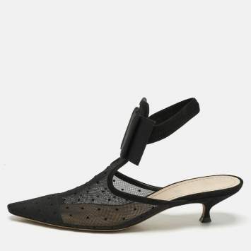 Dior Black Mesh And Suede Trim Polka Dot Bow Pointed Toe Ankle Strap Mules Size 41