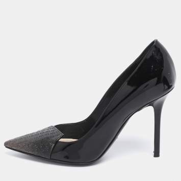 Pre Owned Dior Black Patent Leather Cannage Cap Pointed Toe Pumps Size 37.5