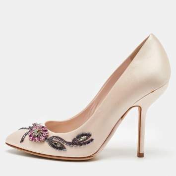 Dior Light Pink Satin Crystal Embellished Flower Pumps Size 38
