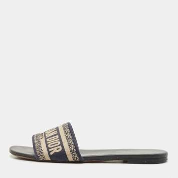 Pre Owned Dior White/Navy Blue Canvas Dway Flat Sandals Size 38.5