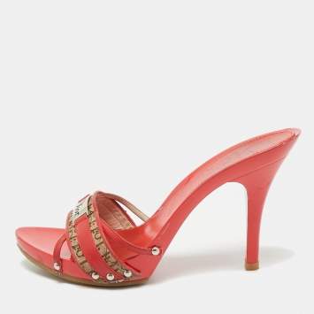 Pre Owned Dior Red/Beige Fabric and Leather Slide Sandals Size 40.5
