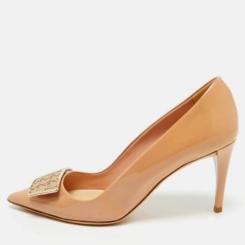 Pre Owned Dior Beige Cannage Patent Leather Buckle Embellished Pointed Toe Pumps Size 38.5