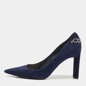 Dior Navy Blue Suede CD Chain Detail Pointed Toe Pumps Size 40