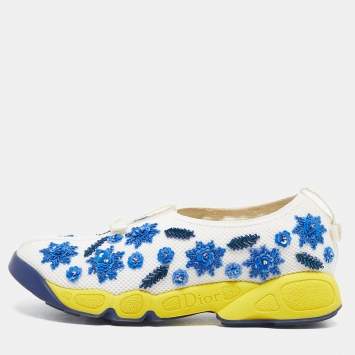 Pre Owned Dior White/Blue Mesh Crystal Embellishment Fusion Sneakers Size 35