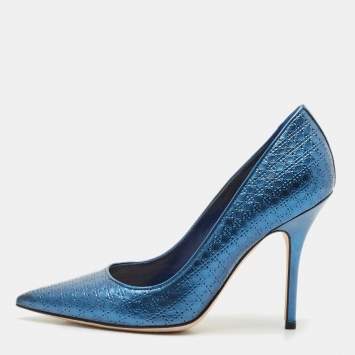 Pre Owned Dior Metallic Blue Microcannage Patent Leather Cherie Pointed Toe Pumps Size 36.5