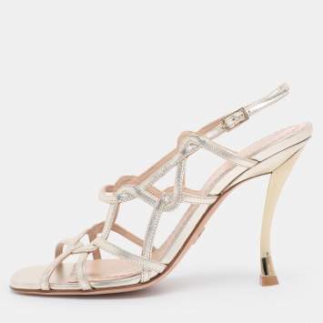 Pre Owned Dior Gold Leather D-Frame Slingback Sandals Size 37