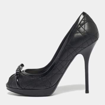 Pre Owned Dior Black Cannage Leather and Patent Peep Toe Pumps Size 38