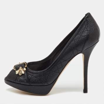 Pre Owned Dior Black Cannage Leather Bee Peep Toe Platform Pumps Size 37