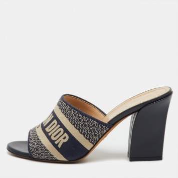 Pre Owned Dior Navy Blue Embroidered Canvas Dway Slide Sandals Size 38