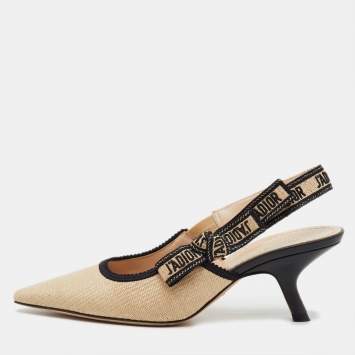 Pre Owned Dior Beige/Black Straw J'Adior Pointed Toe Slingback Pumps Size 37.5