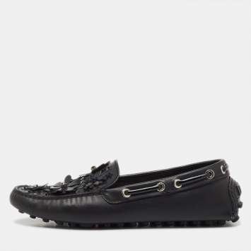 Pre Owned Dior Black Leather Flower Embellished Driving Loafers Size 38