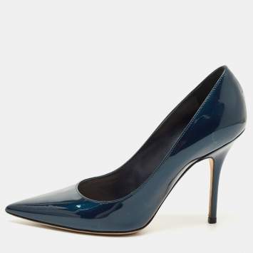 Pre Owned Dior Metallic Blue Patent Leather Cherie Pointed Toe Pumps Size 38.5
