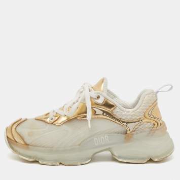 Pre Owned Dior White/Gold Rubber, Mesh and Leather Vibe Low Top Sneakers Size 37
