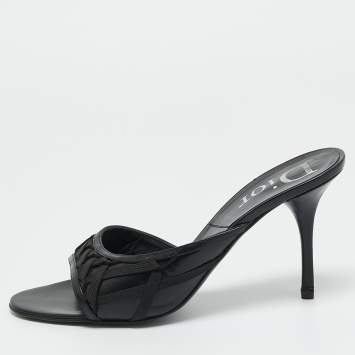 Pre Owned Dior Black Leather and knit Fabric Open Toe Slide Sandals Size 41