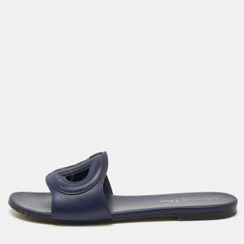Pre Owned Dior Navy Blue Leather D-Club Flat Slides Size 38