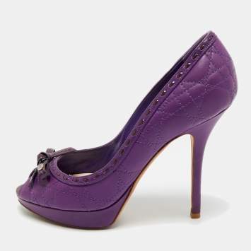 Pre Owned Dior Purple Cannage Leather and Patent Bow Peep Toe Platform Pumps Size 38