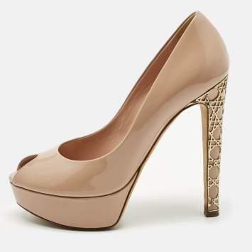Pre Owned Dior Beige Patent Leather Miss Dior Peep Toe Pumps Size 36.5