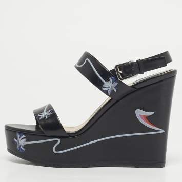 Pre Owned Dior Black Leather Platform Wedge Slingback Sandals Size 39.5