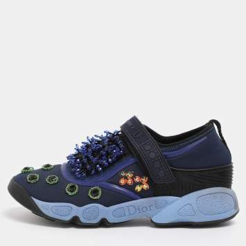 Pre Owned Dior Blue Neoprene and Mesh Fusion Embellished Velcro Strap Sneakers Size 35