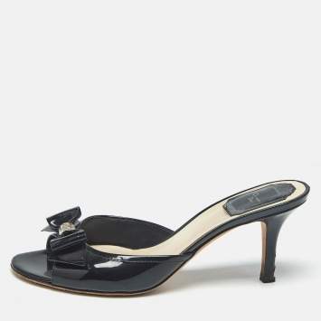 Pre Owned Dior Black Patent Leather Bow Detail Open Toe Slide Sandals Size 36