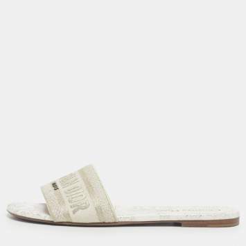 Pre Owned Dior Gold/Cream Embroidered Canvas Dway Flat Slide Size 38