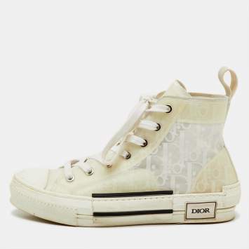 Pre Owned Dior White Oblique Mesh and Rubber B23 High Top Sneakers Size 38