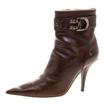 Pre Owned Dior Brown Leather Buckle Detail Pointed Toe Ankle Boots Size 37