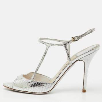 Pre Owned Dior Metallic Silver Python Effect Leather Ankle Strap Sandals Size 39