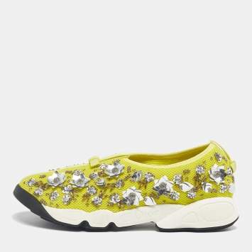 Pre Owned Dior Yellow Mesh Crystal Embellished Fusion Slip On Sneakers Size 39.5