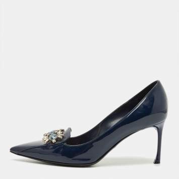 Pre Owned Dior Navy Blue Patent Leather Dianeme Crystal Embellished Pumps Size 37