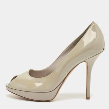 Pre Owned Dior Grey Patent Leather Peep Toe Platform Pumps Size 36.5