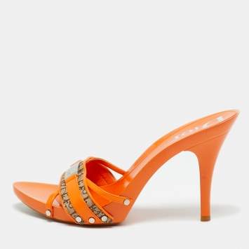 Pre Owned Dior Orange/Beige Monogram Canvas and Leather Slide Sandals Size 40