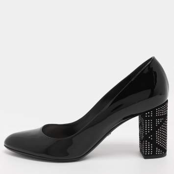 Pre Owned Dior Black Patent Leather Embellished Block Heel Pumps Size 39.5