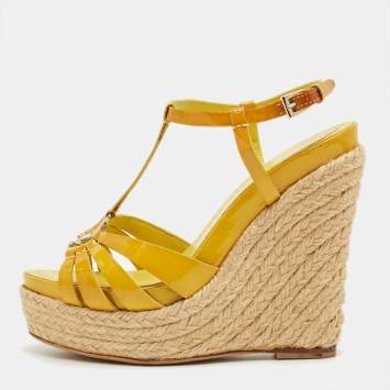 Pre Owned Dior Yellow Patent Leather CD T-Strap Espadrille Wedge Sandals Size 35.5