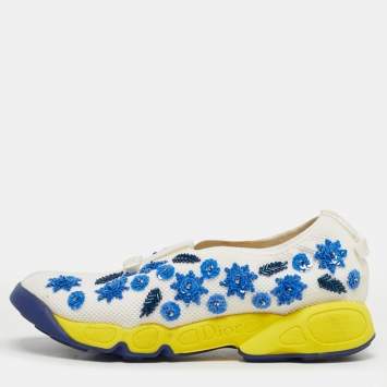 Pre Owned Dior White/Blue Mesh Embellished Fusion Sneakers Size 37