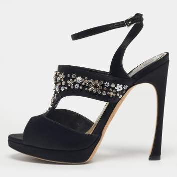 Pre Owned Dior Black Satin Crystal Embellished Ankle Strap Sandals Size 37.5