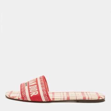 Pre Owned Dior Red/White Embroidered Canvas Dway Flat Slides Size 38