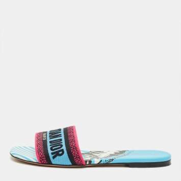Pre Owned Dior Multicolor Logo Embroidered Canvas Dway Flat Slides Size 37.5
