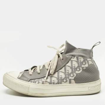 Pre Owned Dior Grey Knit Fabric and Leather Walk'n'Dior High Top Sneakers Size 39.5