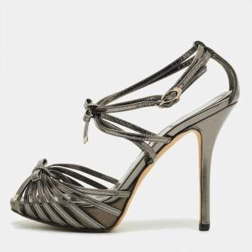 Pre Owned Dior Dark Grey Leather Strappy Bow Platform Sandals Size 36
